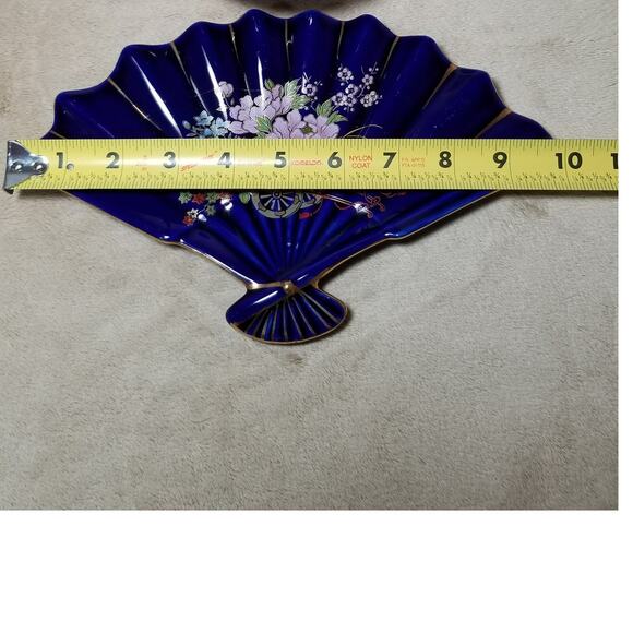 Asian Fan Blue Cobalt Candy Dish Gold Trim 10" Cherry Blossom Ceramic - Picture 8 of 8